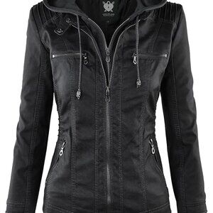 Women's Faux Leather Moto Biker Jacket Coat with Removable or Non-Removable Hood